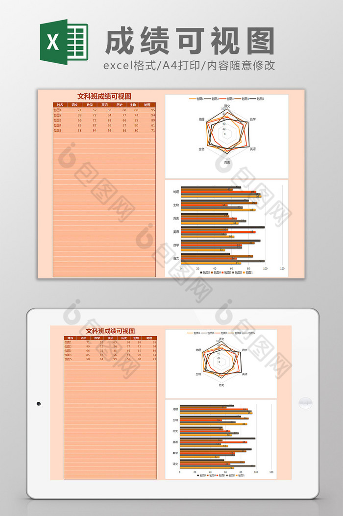 文科成绩雷达图彩色线条图表Excel模板图片图片
