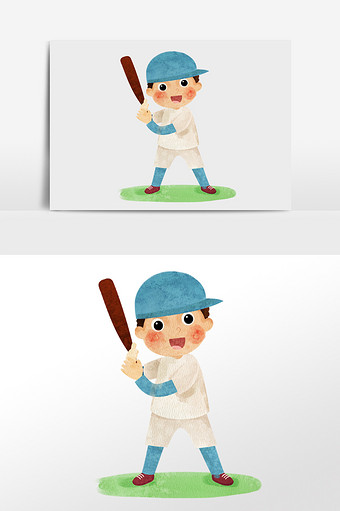 水彩手绘男孩打棒球插画人物图片