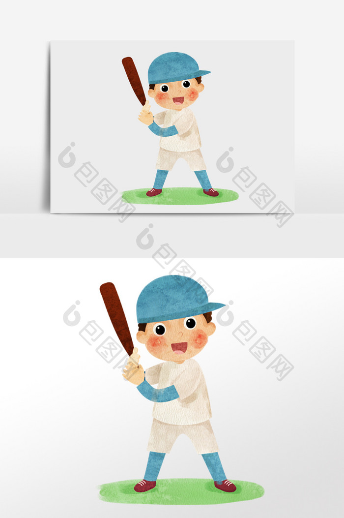 水彩手绘男孩打棒球插画人物