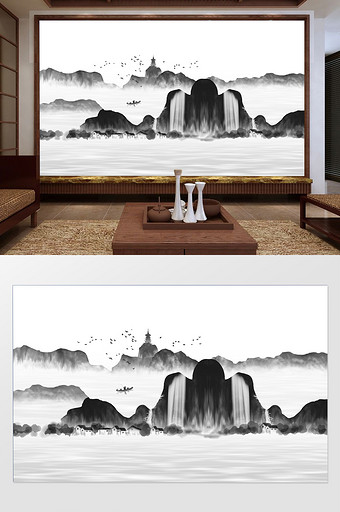新中式抽象树枝水黑白墨山水电视背景墙图片