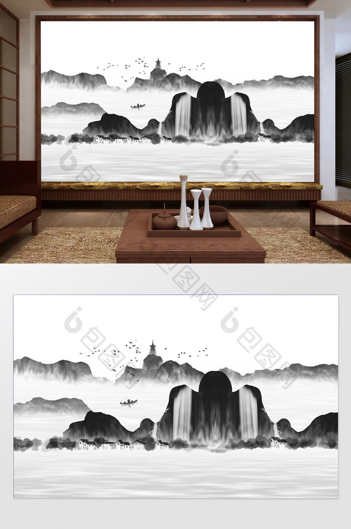 新中式抽象树枝水黑白墨山水电视背景墙