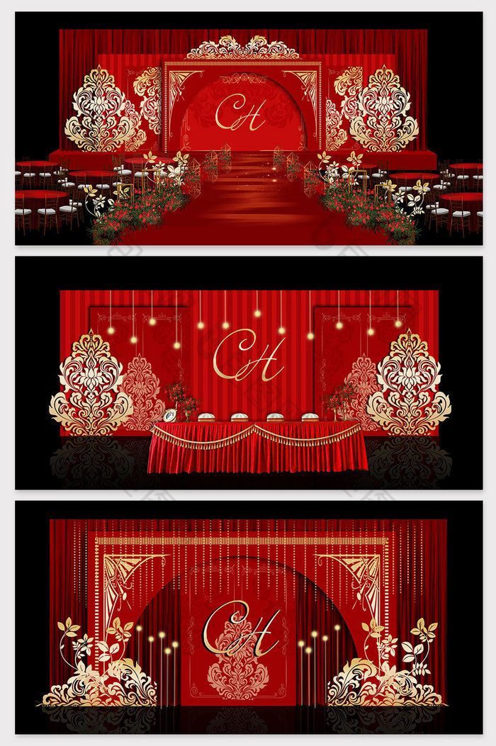 新中式简约花纹红色系婚礼效果图图片图片