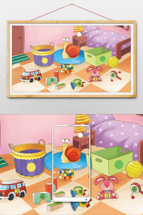 低幼平涂娃娃家玩具之家插画图片