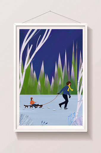 温馨冬季户外滑冰母女约会场景插画图片