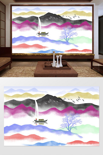 中式简约炫彩抽象山水画背景墙图片