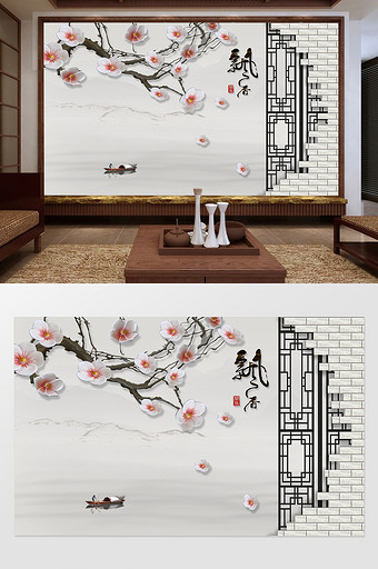 中国风护板砖墙花朵背景墙图片