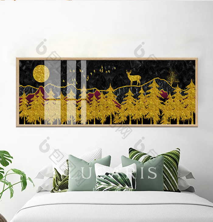 抽象金色树林麋鹿飞鸟晶瓷画装饰画