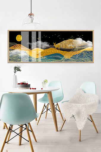 抽象金色山水麋鹿风景晶瓷画装饰画图片