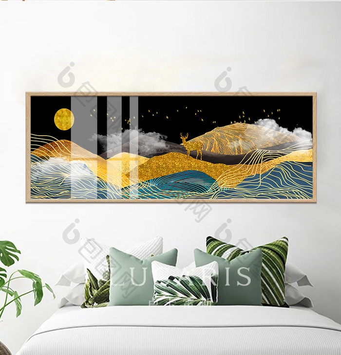 抽象金色山水麋鹿风景晶瓷画装饰画