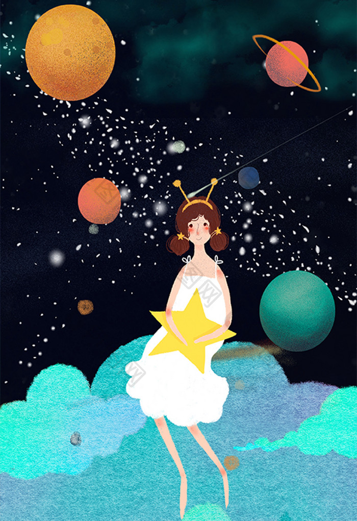 晚安世界晚安你好女孩和月亮星空插画