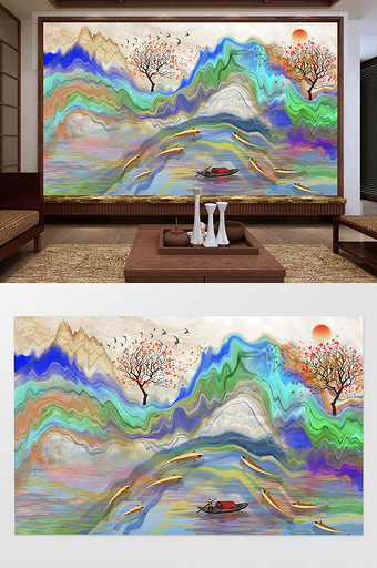 新中式炫彩抽象山水画小船鱼儿电视背景图图片