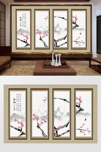 新中式手绘梅花素雅工笔花鸟壁画电视背景墙图片