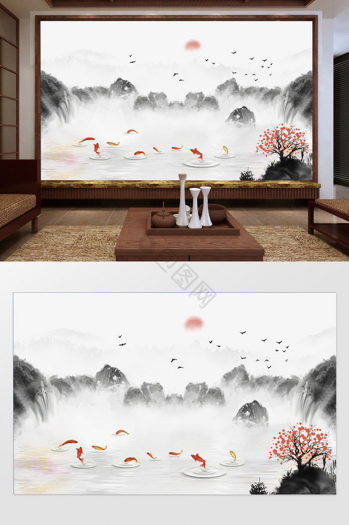 新中式抽象树枝水墨山水鲤鱼电视背景墙图片