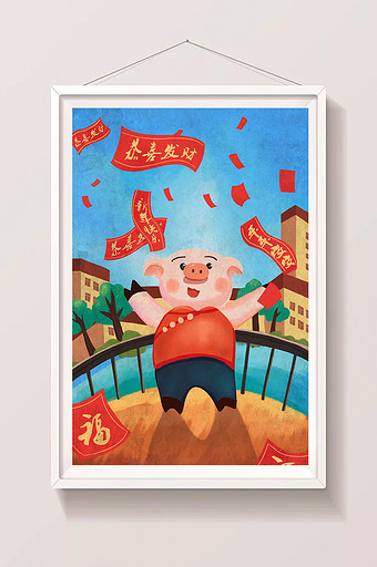 红色喜庆猪年车卡通手绘插画猪猪可爱图片