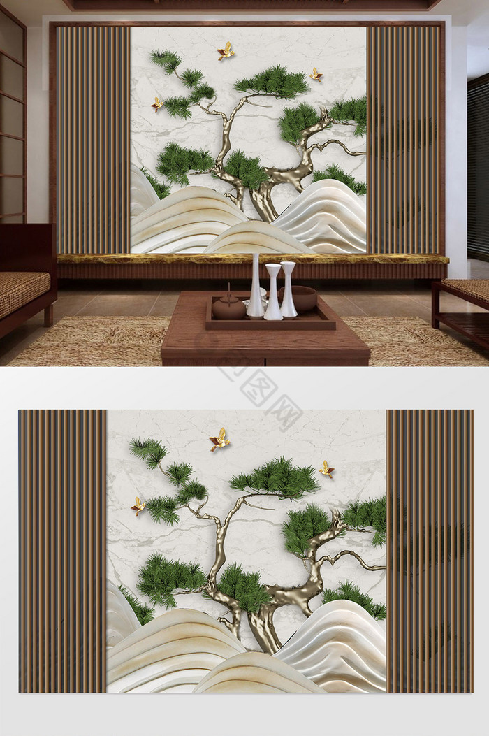 新中式浮雕松树电视背景墙图片