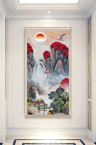 新中式满山红山水画玄关装饰画图片