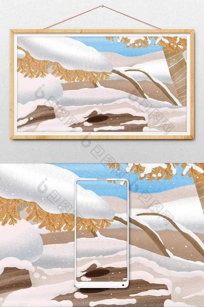 手绘野地雪景插画元素