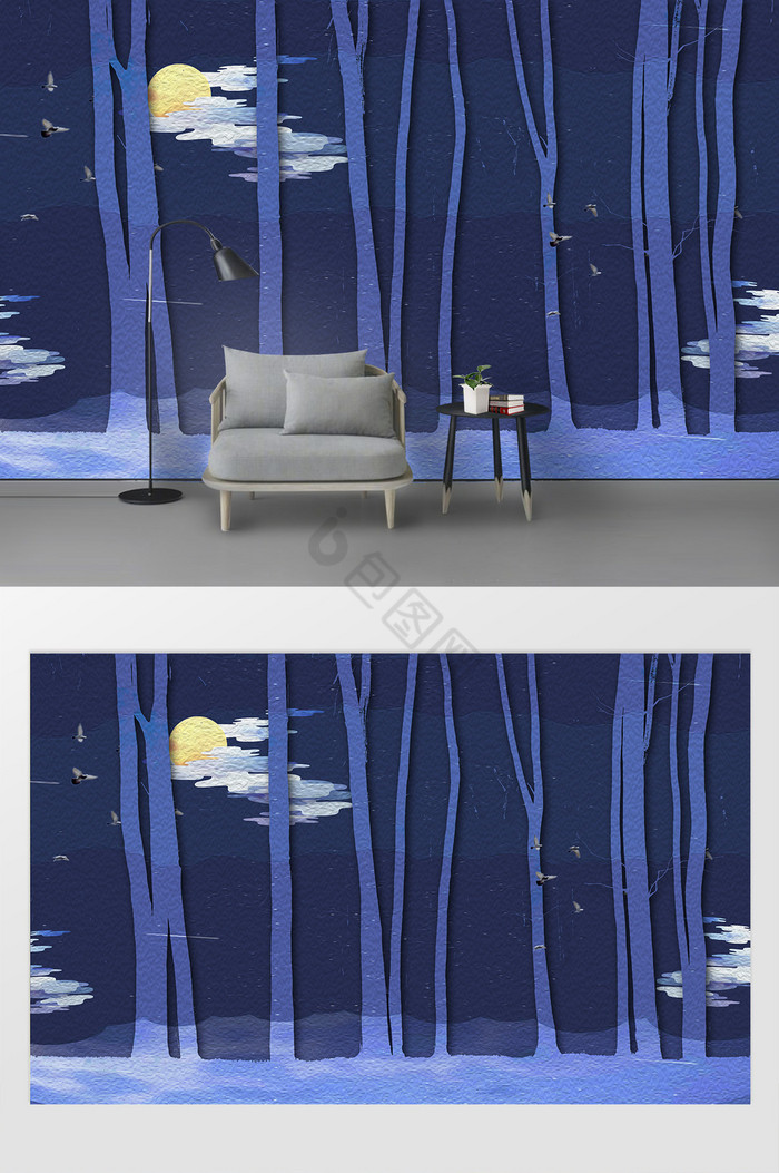 现代简约夜晚静谧森林背景墙图片
