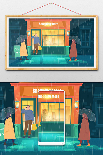 卡通双11女性购物商店都市夜生活插画图片