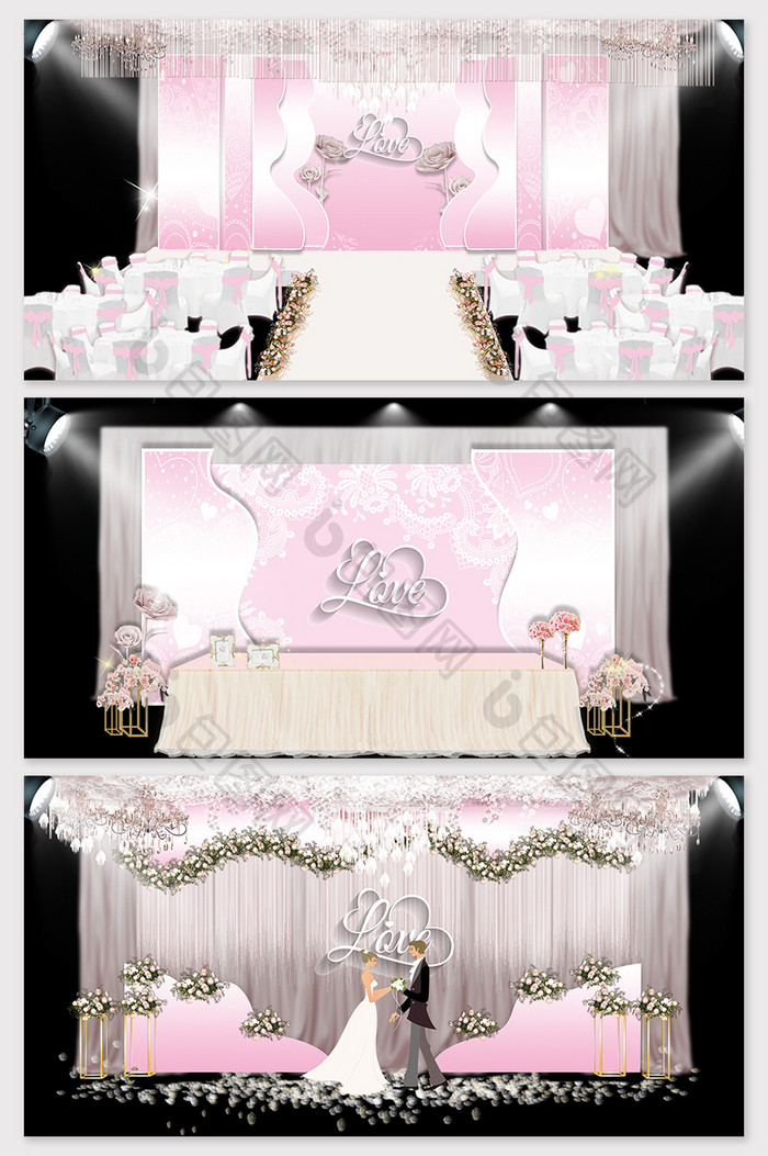 现代简约粉色欧式教堂婚礼舞台背景效果图