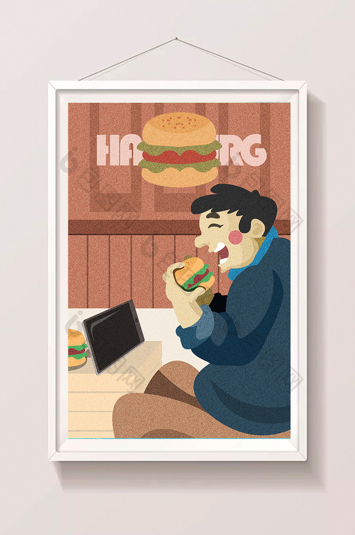 暖色汉堡餐厅室内肥仔吃汉堡生活插画设计