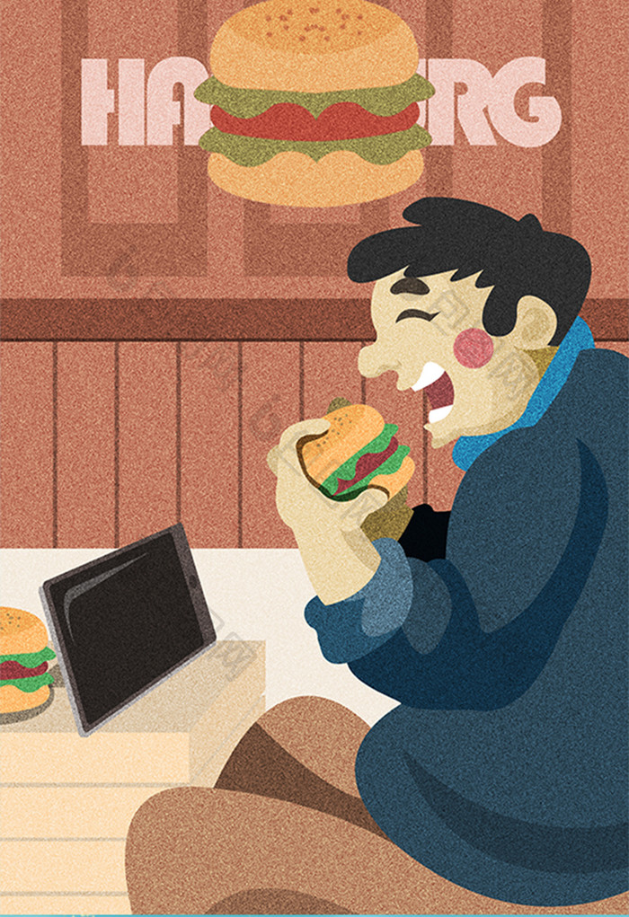 暖色汉堡餐厅室内肥仔吃汉堡生活插画设计