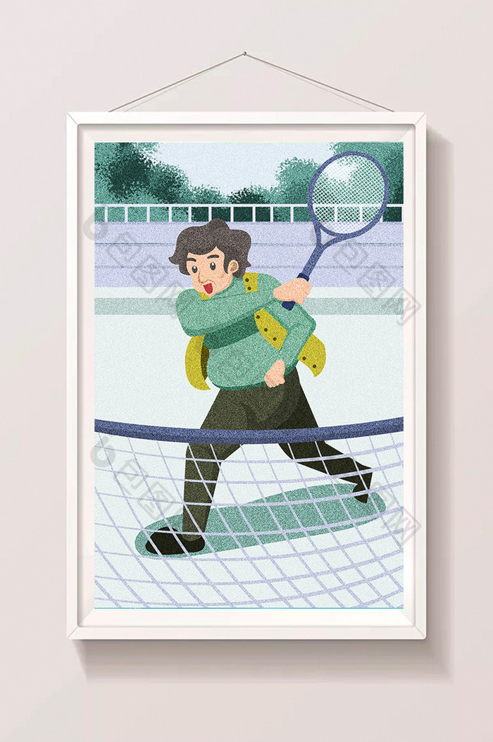 小清新男孩室外打网球插画