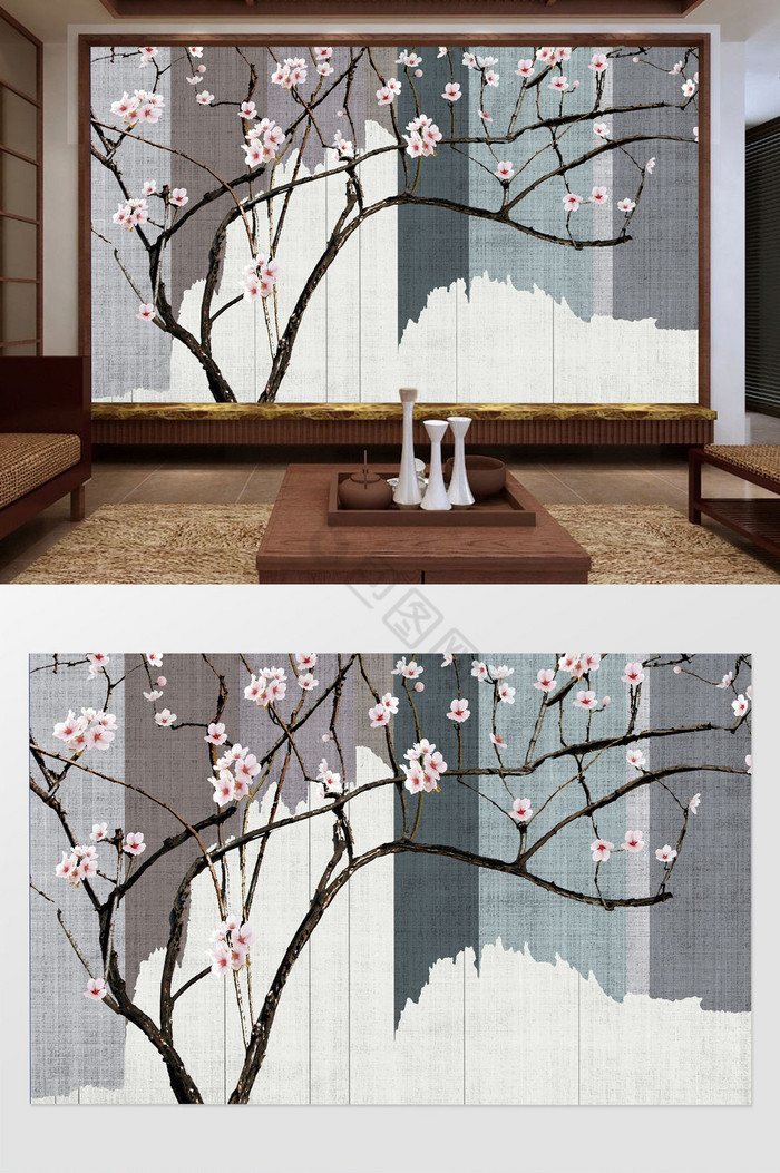 中式古风禅意桃花树枝布艺背景墙图片