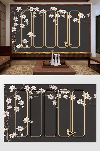 新中式古典桃花树枝小鸟背景墙图片