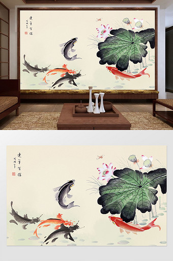 中国风水墨手绘工笔国画连年有余电视背景墙图片
