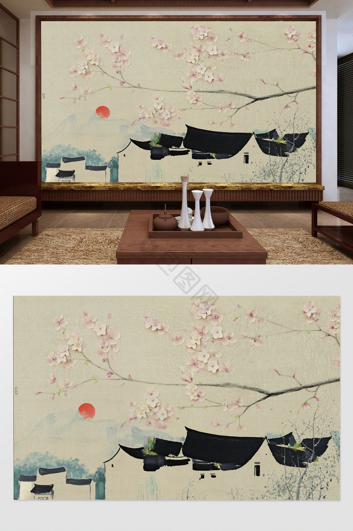 中式手绘小镇桃花背景墙图片