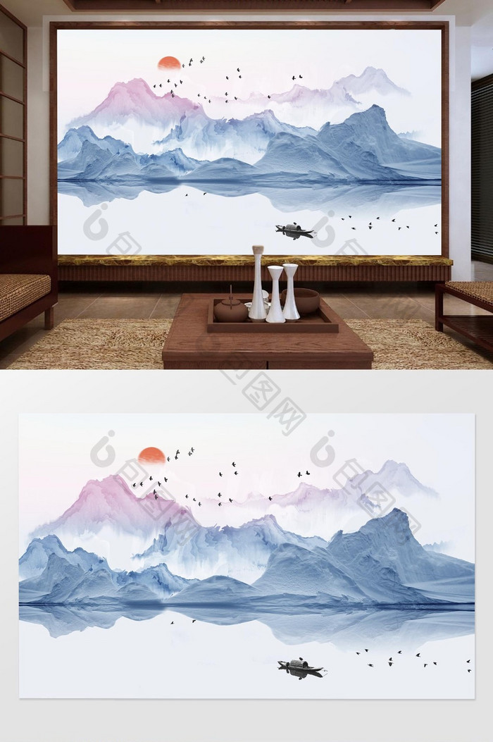 新中式唯美推晕飞鸟抽象山水背景墙