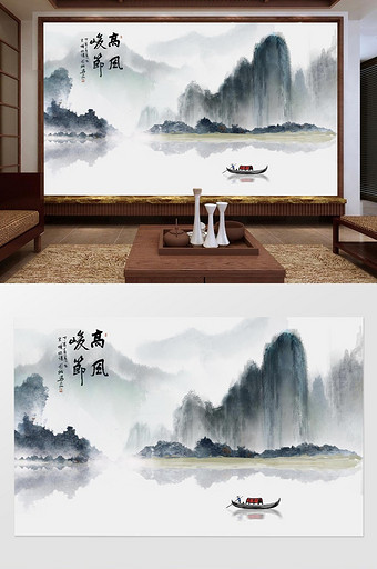 新中式抽象山水倒影游船背景墙图片
