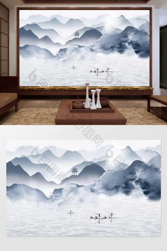 新中式蓝色抽象山水游船背景墙