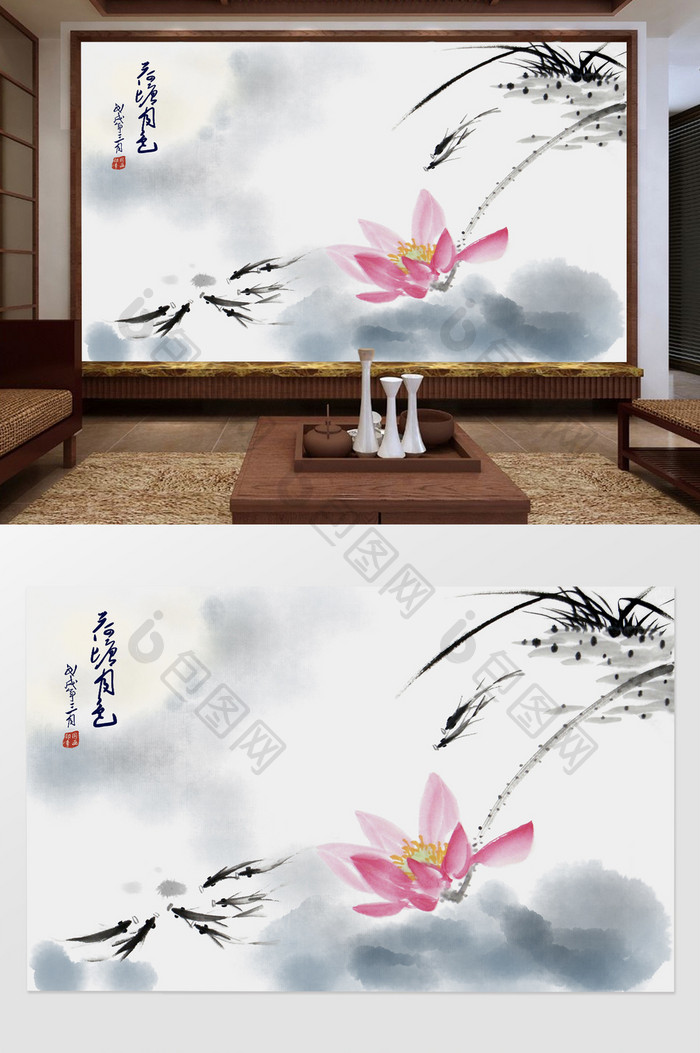 中国风水墨手绘荷塘月色电视背景墙