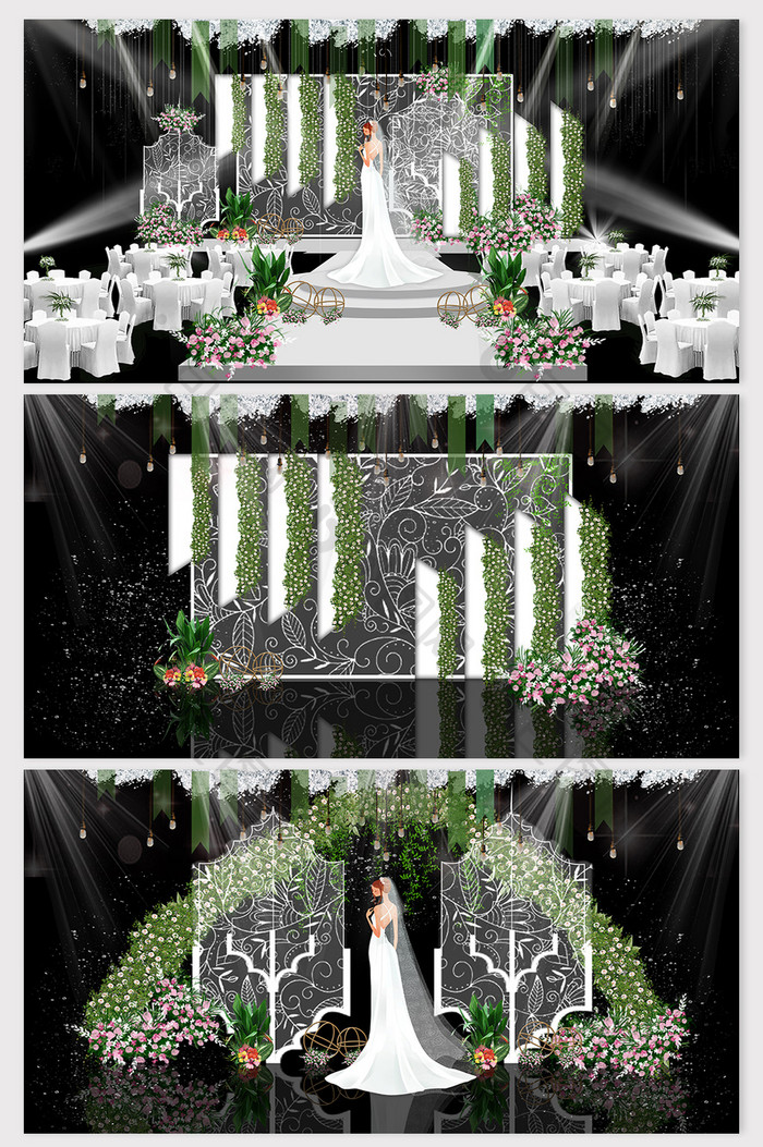 轻奢甜美白绿色现代花艺婚礼效果图