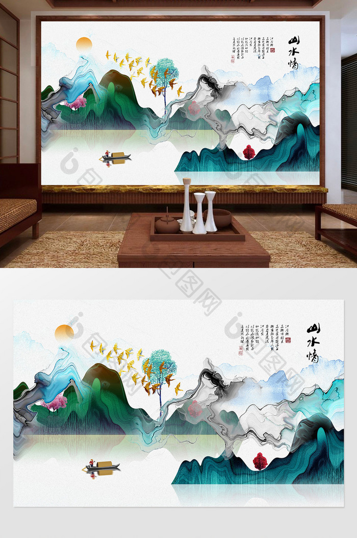 新中式山水情小溪油画背景装饰画