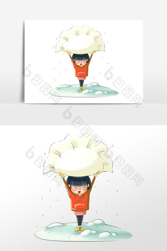 手举大饺子的卡通女孩插画图片