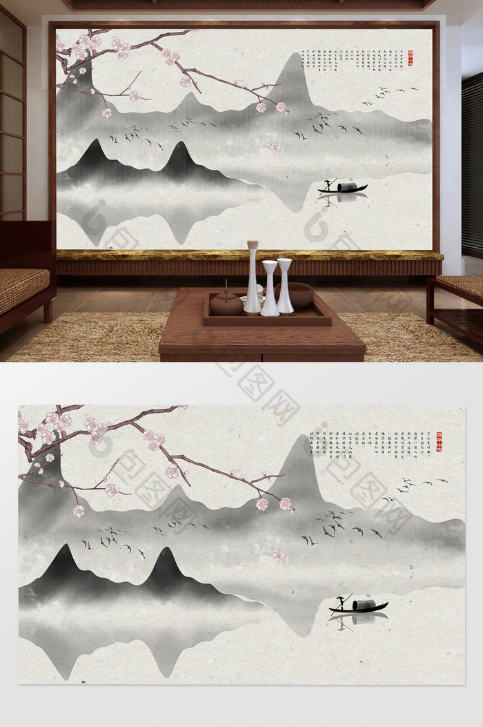 中式水墨花卉山水风景画电视背景墙