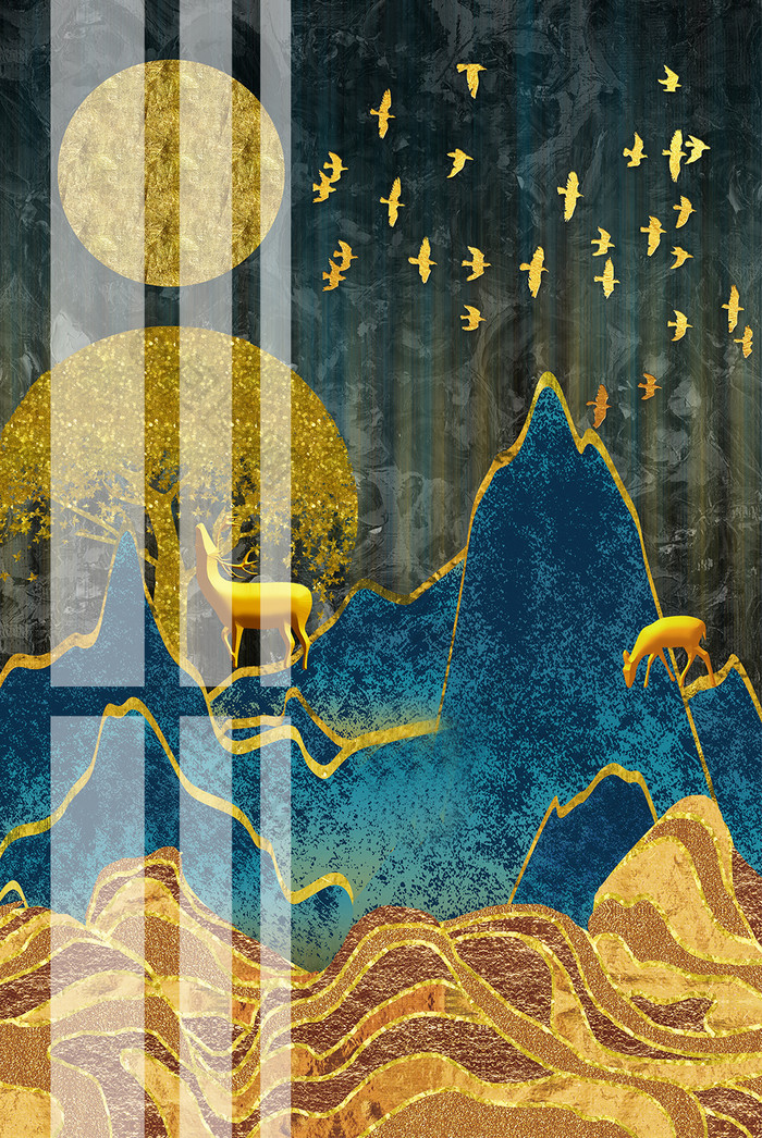 抽象北欧山林麋鹿金色飞鸟装饰画