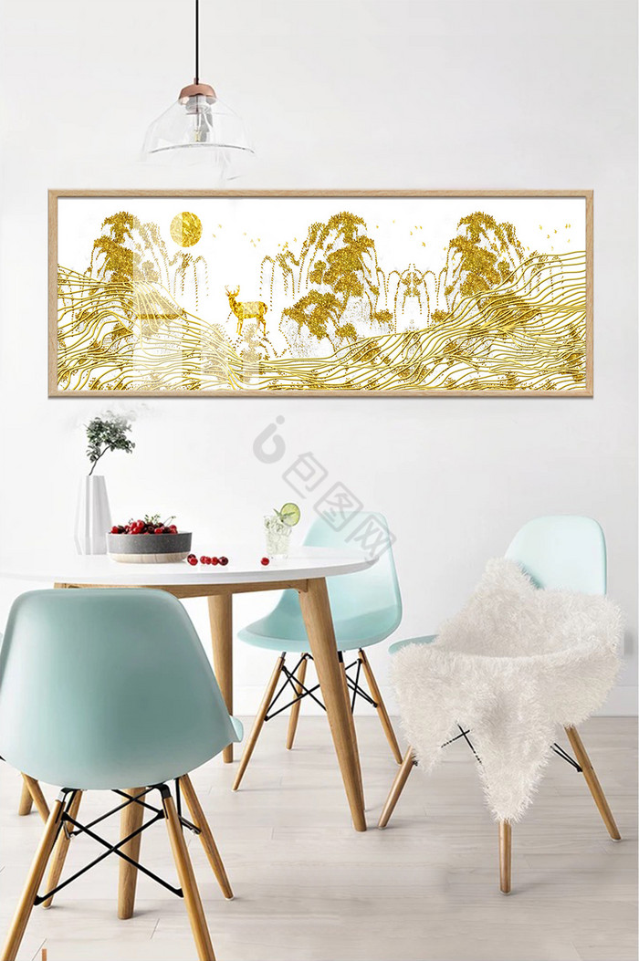 金箔山水线条麋鹿装饰画图片