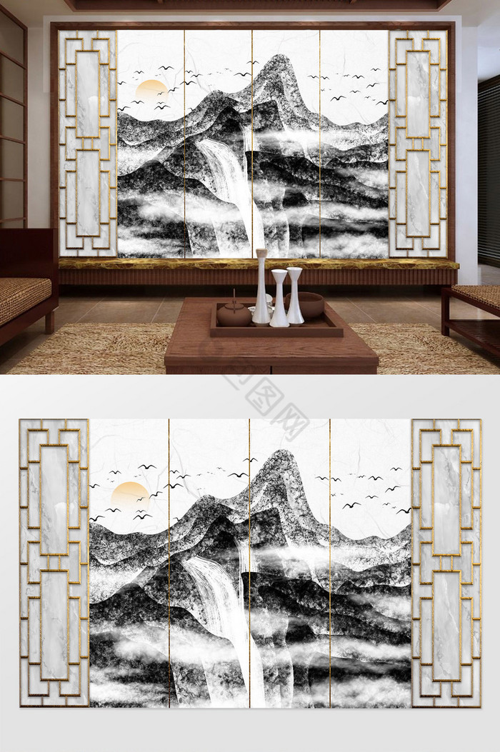 中式窗格水墨山水画电视背景墙图片