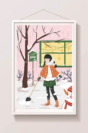 清新唯美立冬堆雪人铲雪插画图片