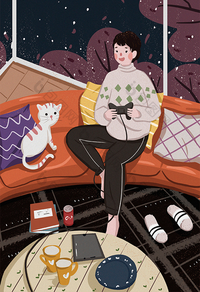 客厅沙发小猫男孩游戏机插画
