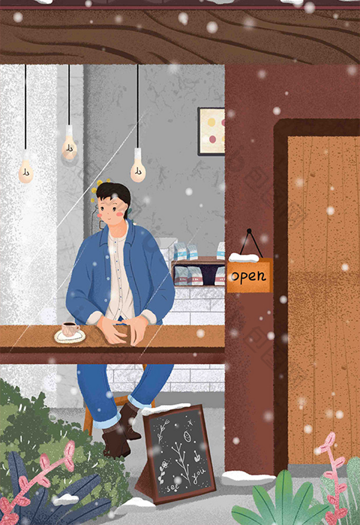 立冬下雪咖啡厅冬日咖啡插画
