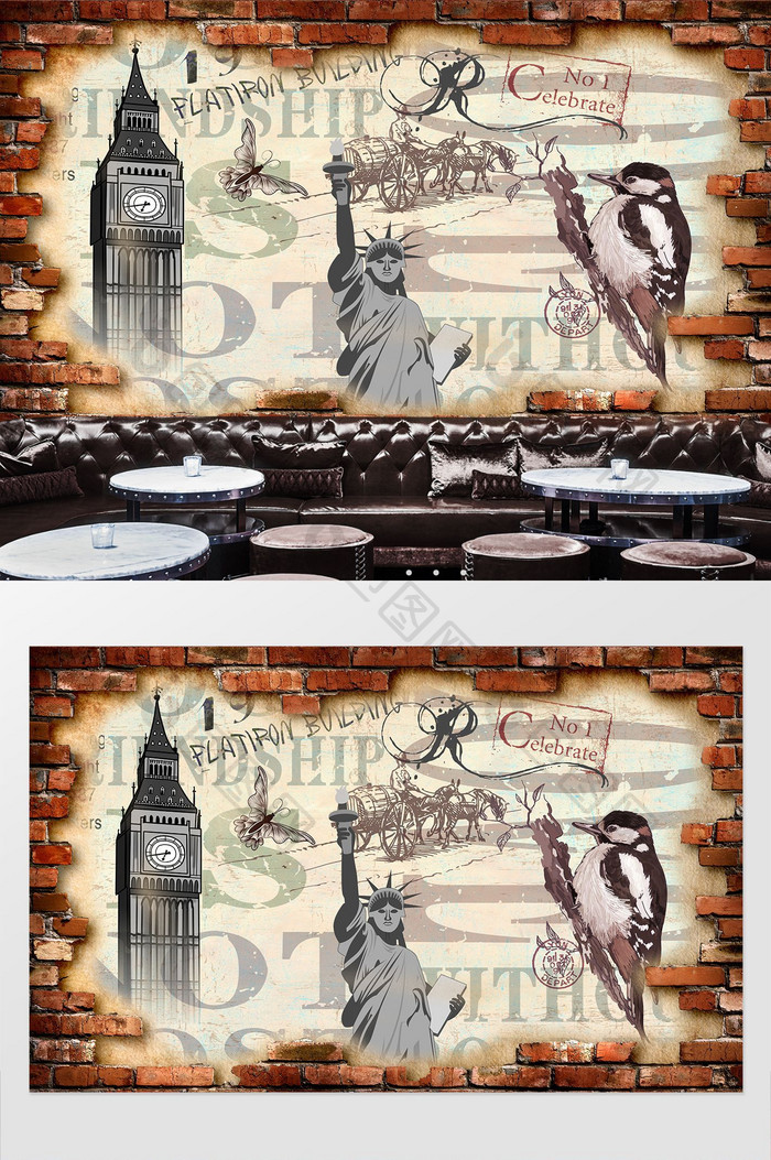 复古怀旧自由女神餐厅酒吧背景墙