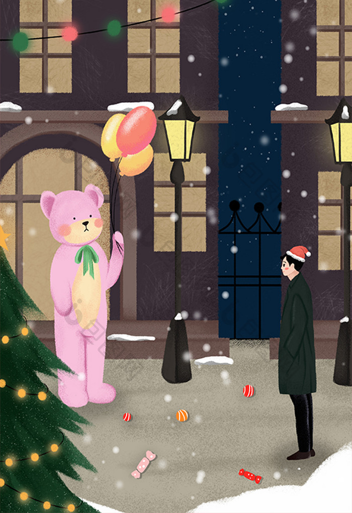 夜晚街景圣诞节男孩熊插画
