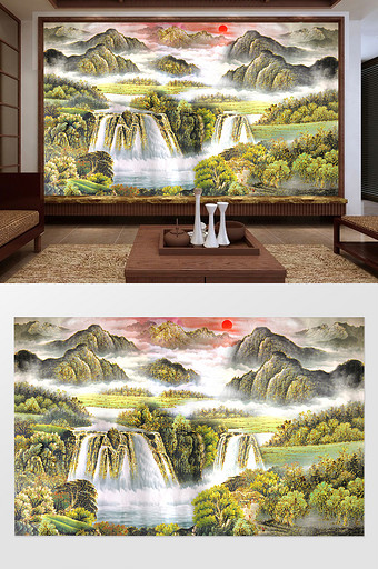 创意烫金山水国画背景墙图片