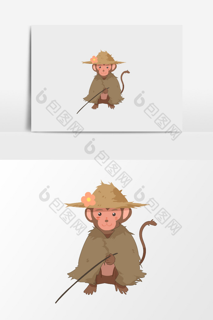 手绘猴子钓鱼插画元素