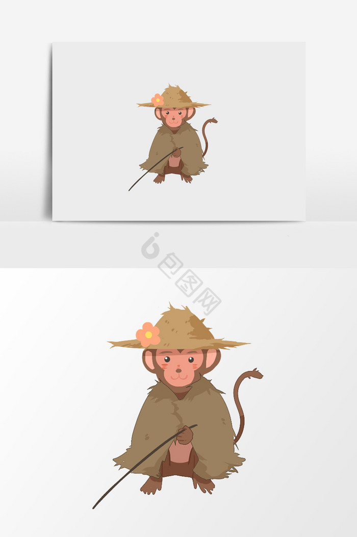 猴子钓鱼插画图片